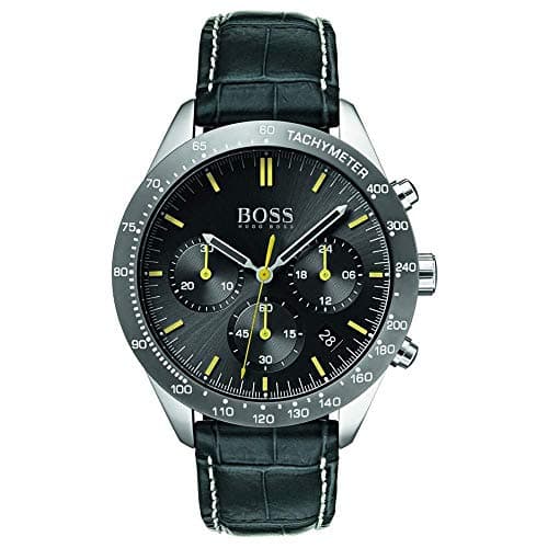 Hugo Boss Leather Black Dial Contrast Markers Tachymeter Bezel Round Analog Watch for Men - Black