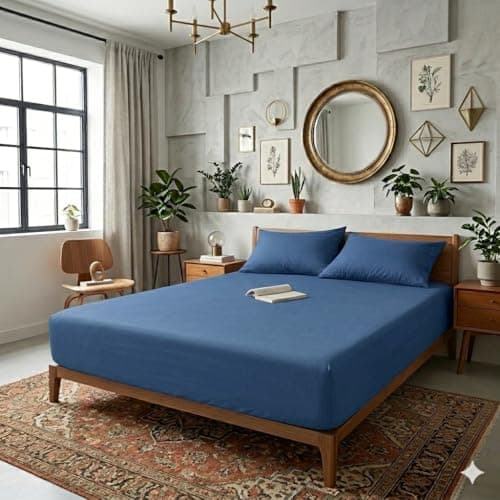 QBED Fitted Bed Sheet Set – Fitted Sheet with 2 Pillow Cases – Soft and Comfortable Fabric – Suitable for All Mattresses (Navy, 160 * 200 * 30)