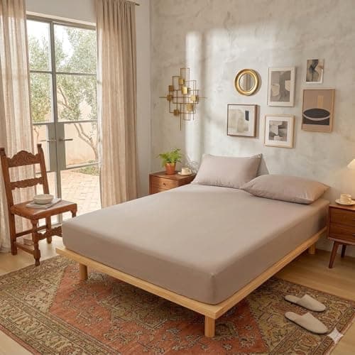 QBED Fitted Bed Sheet Set – Fitted Sheet with 2 Pillow Cases – Soft and Comfortable Fabric – Suitable for All Mattresses (Beige, 160 * 200 * 30)