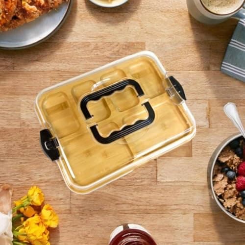 Generic Bamboo Wooden Serving Tray with Clear Acrylic Lid, 6 Compartments,Snacks and Fruit Tray, .sew