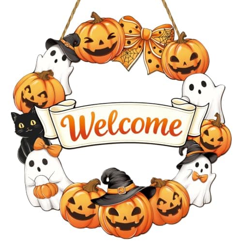 Halloween Wreath Halloween Door Decorations Cute Halloween Decor | Cute Pumpkini Ghost Decor Welcome Sign Wooden Wreaths for Front Door Hanger for Porch Wall Indoor Home Decorations