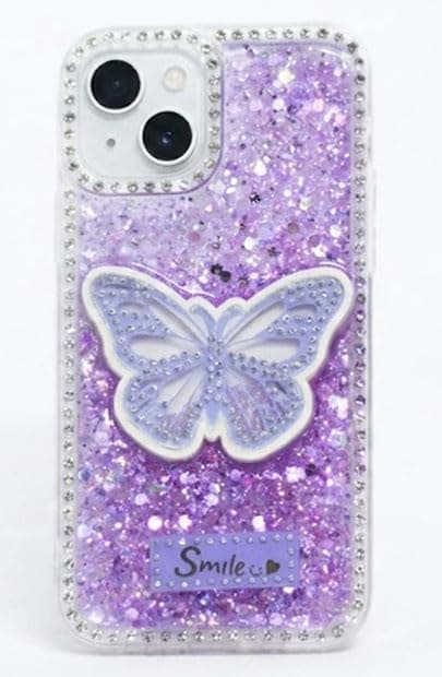 Butterfly Crystal For (iphone 14/15 Plus) Protective Case Glittery Back Cover Rhinestone Frame For Girls Shockproof Protection For Girls (Purple) Cellular phone case