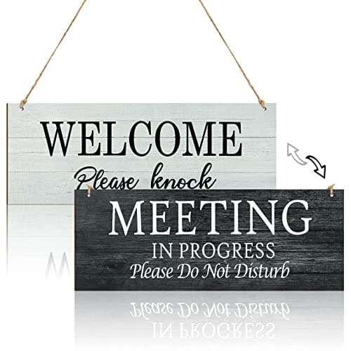 1 Piece in a Meeting Sign for Office Door, Double-side Meeting in Progress Please Do Not Disturb, Welcome Please Knock Hanging Wooden Sign Plaque 16 x 6 Inch (Black and White) Signage