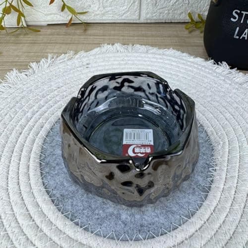 Generic Smoky Black Glass Ashtray with Wave Design, Thick High-Quality Glass, Octagonal Style, .bar