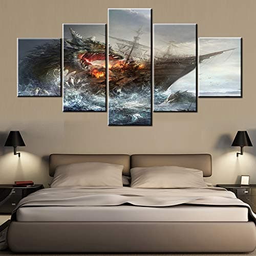 Artwork for Walls Dragon and Sailboat Pictures Seascape Paintings Fantasy Ship Wall Art 5 Panel Printed on Canvas House Decor Giclee Wooden Framed Stretched Ready to Hang in Living Room(60''Wx32''H)