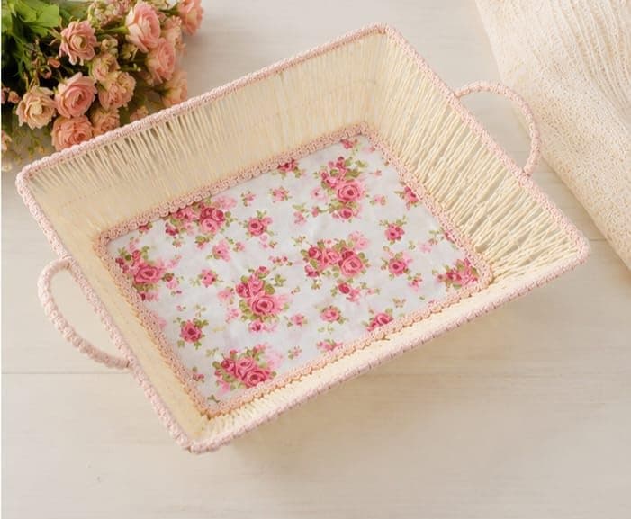 Macrame Rectangular Basket with Side Handles and Floral Base, Pink Border | Rectangular Macrame Hamper with Side Handles, Flowering Base and Pink Border for Home Decoration