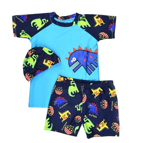 Mix&Max Boys Set of 3 Pieces Half Sleeves Swimsuit&Swimming Cap Printed Two Piece Swimsuit (pack of 1) Swimwear