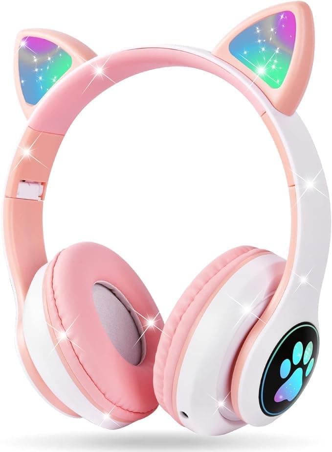 CATEAR-B39M Wireless Bluetooth Headphones for Kids, with HD Microphone and LED Lights, Stereo Headphones for Smartphones, iPad, Tablets (Pink, B39M)