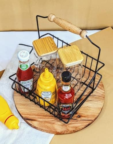 Generic Kitchen organizer or sauce holder, Rectangular with a wooden handle, Dimensions: 21 cm x 22 cm, Capacity: 6 bottles, .mek