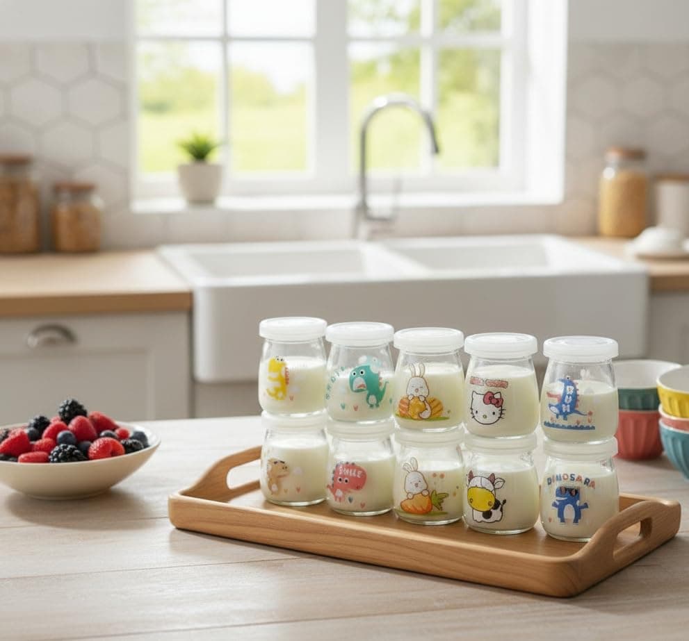 10-Piece Glass Yogurt Jars Set with Airtight Lids 100ml Capacity for Jelly Pudding Jam and Honey Storage Featuring Decorative Daily Use Graphics. Food storage container