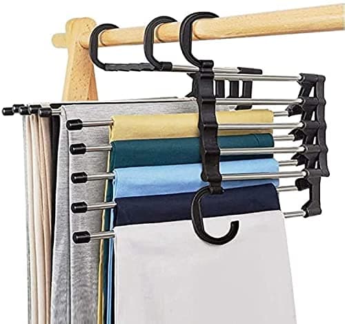 FreshDcart FDCS5022 Magic Foldable 5 in 1 Stainless Steel Multifunction Retractable Wardrobe Multipurpose Hanger Organizer Space Saving for Jeans Pant Scarf Coat Clothes (Black Pack of 1)