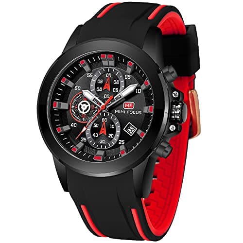 MINI FOCUS Men Watch, MF Chronograph Waterproof Sport Analog Quartz Watches Silicon Strap Fashion Wristwatch for Men, z-red, Quartz Watches
