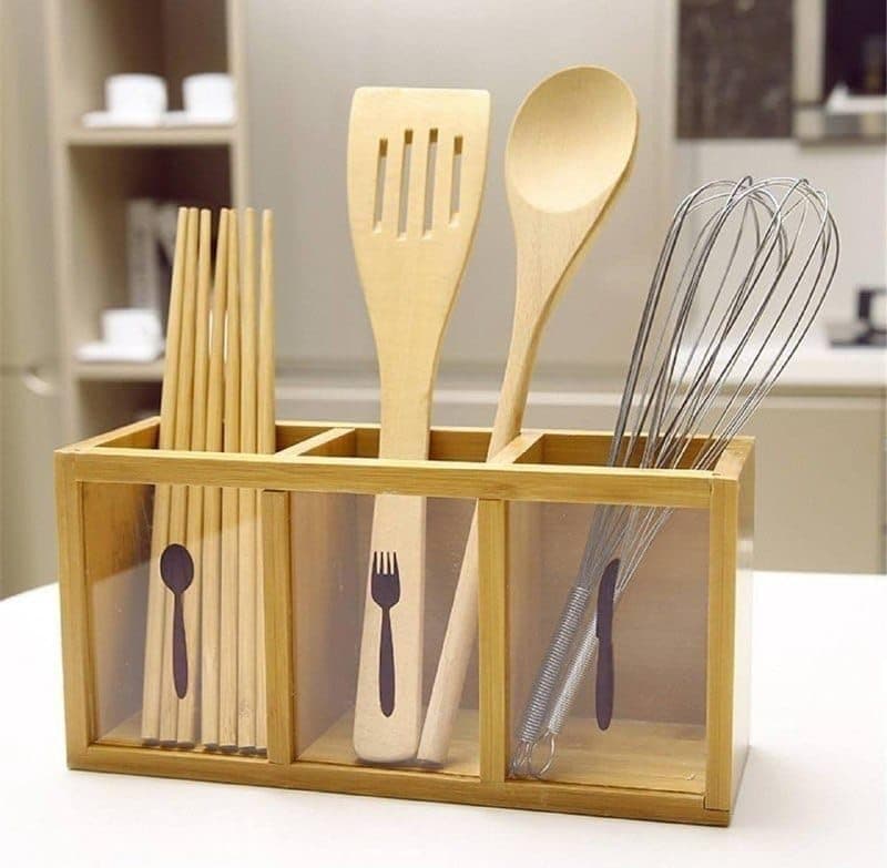 GenericBamboo and Acrylic Cutlery Rack with 3 Compartments, for Spoons, Forks, and Knives, .ar Item container