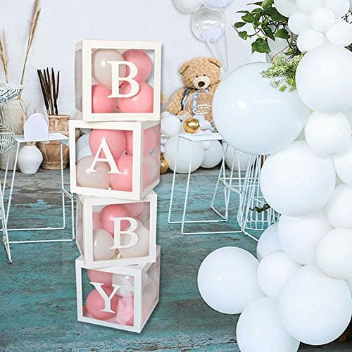 Baby Shower Decorations Transparent Balloon Boxes with Letter, Clear Balloon Décor blocks,White,Pack of 4