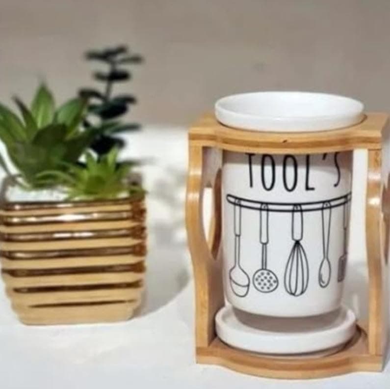 Generic Ceramic Kitchen Tool Holder with Bamboo Wood Stand, White, Utensil Organiser, Tools Print Design, .za Item container