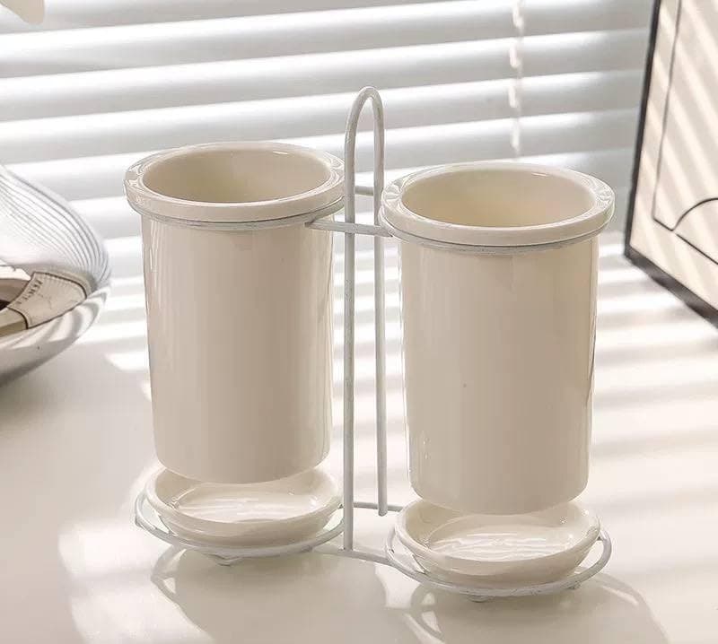 Generic Porcelain Utensil Holder with Metal Stand, 2-Compartment Kitchen Organiser, White .sa Item container