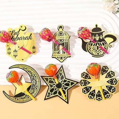 Eid Mubarak Decoration Cards 48 Pieces, Gold and Black, Cardboard, Lantern, Crescent, Star and Teapot, Islamic Decorations, Ramadan and Eid al-Fitr Sticker decal