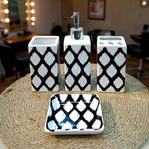 Generic 4-Piece Porcelain Bathroom Set, The set consists of 4 pieces:, Soap and shower gel dispenser, Shaving accessory holder, Soap dish, Toothbrush holder, .mk