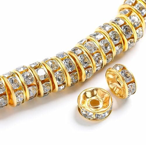 ZHIMIN 200PCS Rondelle Spacer Beads 10mm Gold Plated Czech White Crystal Rhinestone for Jewelry Making Craft bead