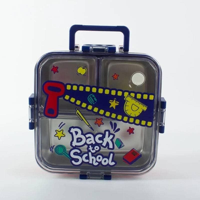 Generic Divided children's lunch box featuring a rust-resistant stainless steel interior,Compartments: Divided into three sections,Lid: A clear, airtight,colors:navy blue,red, or green, .Am Meal holder