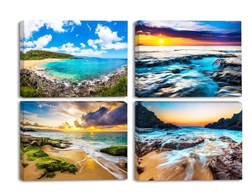 Piy Painting Beautiful Seascape Art Print on Canvas Sunrise and Set Picture Photo Canvas and Art Prints on Wall Decoration for Living Room Bedroom Kitchen Birthday Gift 30 x 40 cm Set of 4