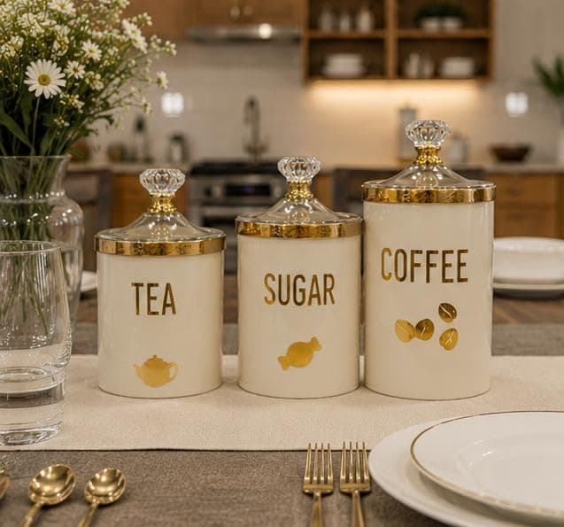 Generic Tea, Sugar and Coffee Canister Set, Plastic, with Crystal Knob Lids, Gold Accent, 3 Piece, .P Food storage container