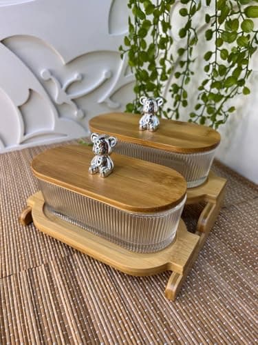 Generic Glass Storage Containers with Bamboo Lids and Bear Handles, 2-Piece Set with Wooden Stand, Decorative Organiser for Snacks and Makeup .ir