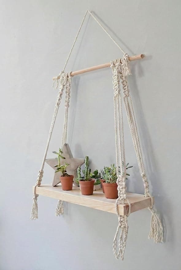 Macrame Hanging Shelf, Boho Wall Shelf with Wooden Rod, Cotton Rope and Wood, Plant Display