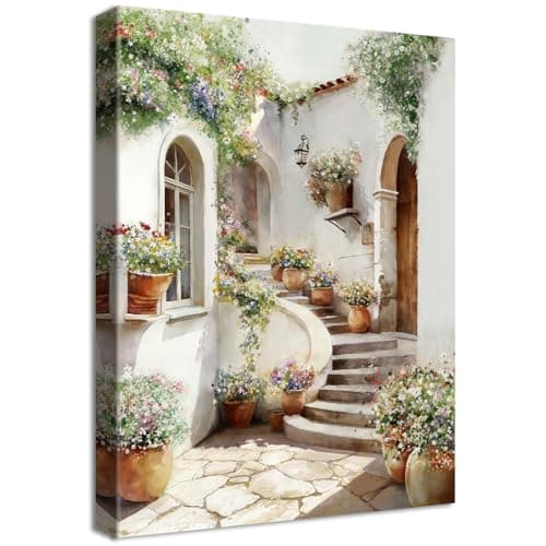 Wooden Framed Canvas Wall Art Vintage Italy Town Painting on Canvas Prints Poster Mediterranean Garden Stairs Flowers Pictures for Living Room Bedroom Dinning Room Hallway Wall Decoration 30x40cm