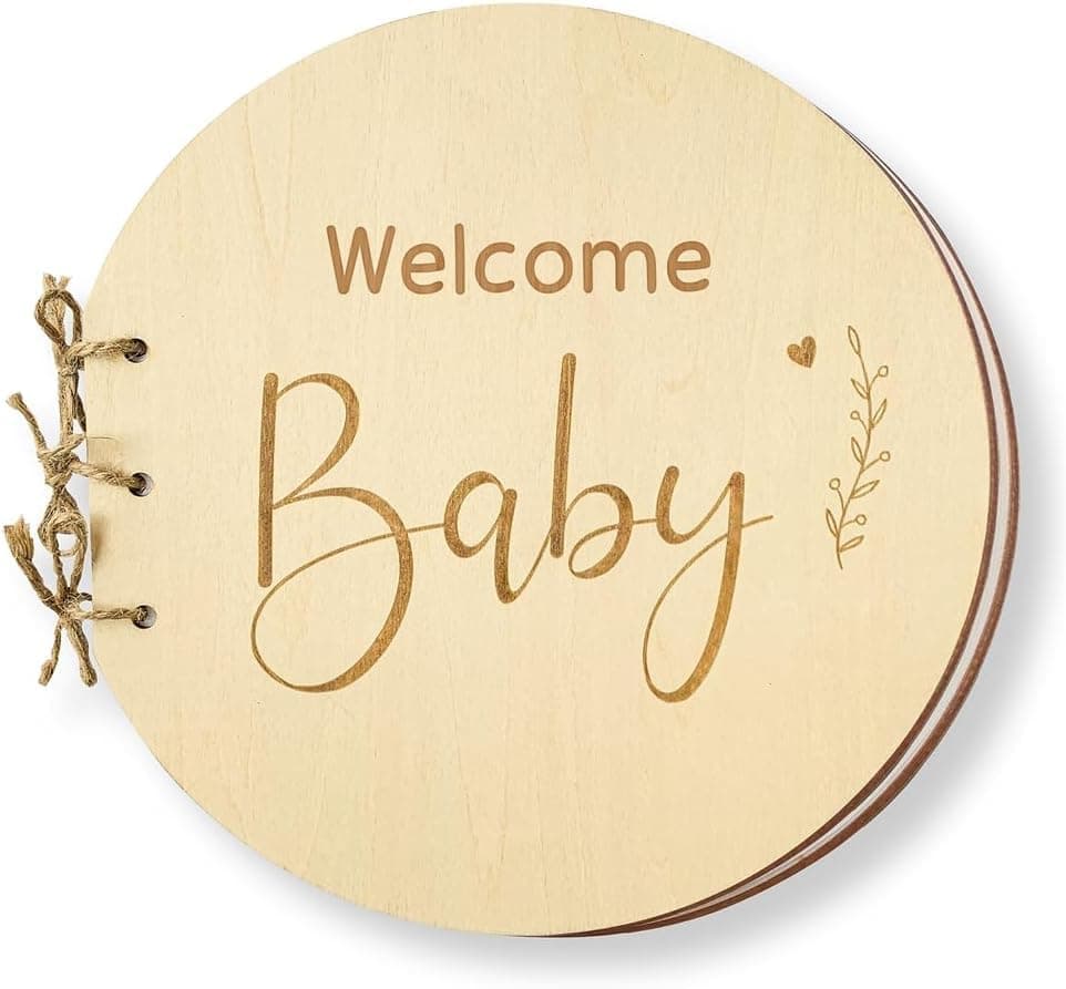 Baby Shower Guest Book, Wooden Cover, 35 Pages, 21 cm | Engraved Engraved, Thick Leaves, Yarn, Round Shape, Newborn