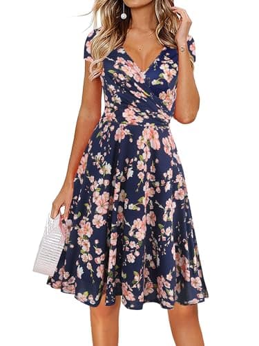 oxiuly womens V-neck Cap Sleeve Floral Stretchy Swing Dress Classic