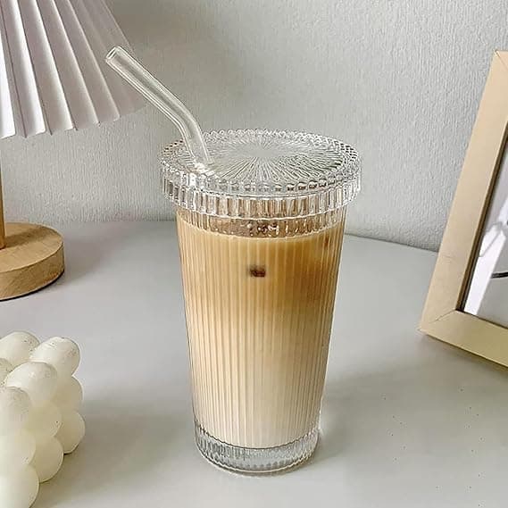Iced Juice Cup Glass Iced Coffee Mug with Lid and Glass Straw | Suitable for Water and Juice, Sheer Ribbed Design, 3.3"x5.5",Secure Lid, Versatile