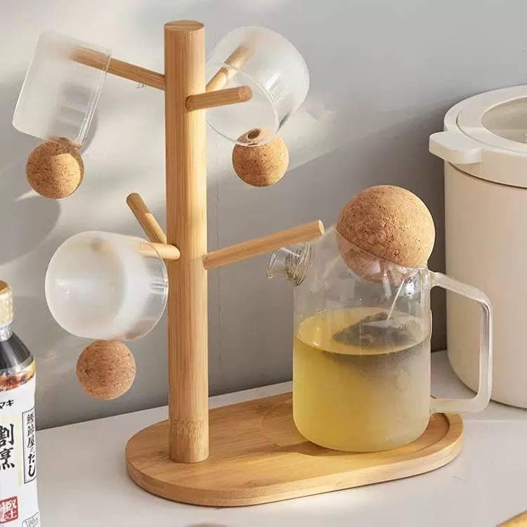 Generic Wooden Mug Holder Tree with 6 Hooks and Tray, 30x17 cm, Height 35 cm, .sa Storage hook