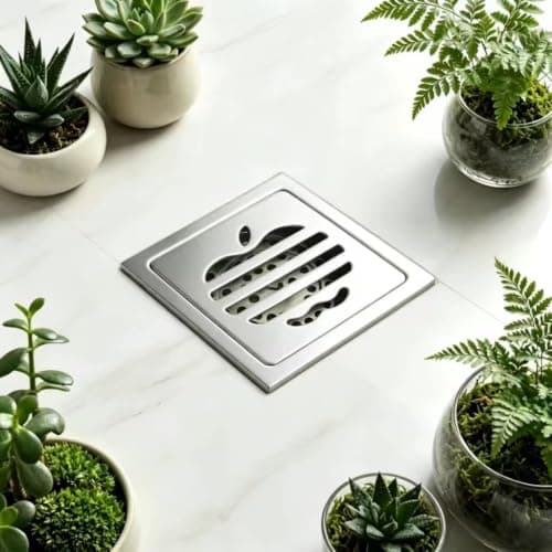 Stainless Steel Square Floor Drain with Brass Core, 100x100mm | Double Filtration, Blocks Hair & Debris, Apple Design Cover, Filter Mesh Included, Chrome Finish