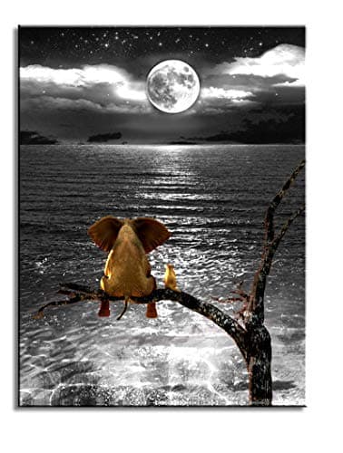 ZETANART ART Bathroom Decor Black and White Ocean sea Animal Resting Elephant Look Moon Framed Wall Giclee Wall Decor on Canvas Stretched work Living Room Bedroom Ready to Hang