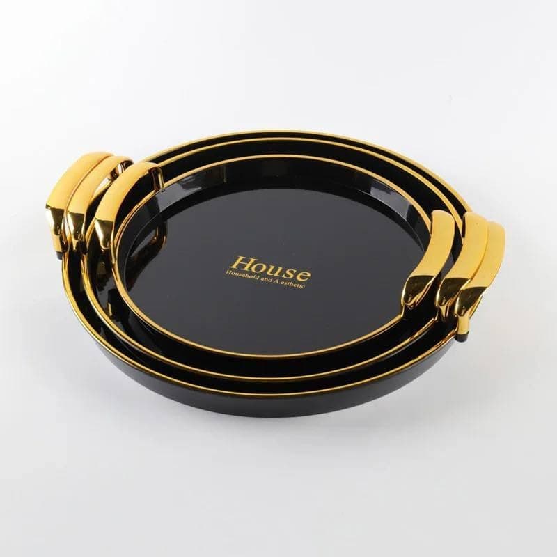 Generic Round Serving Tray Set, Black and Gold, with Gold Handles, 3-Piece Set, .ar