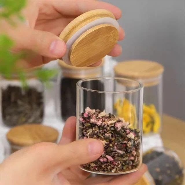 Generic Glass Jar with Wooden Lid, Round, Airtight, 250 ml, .hd Food storage container