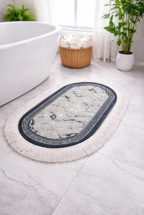 Generic Oval Velvet Bathroom Mat Set, 3D Fringe, Marble Pattern, 2 Piece, 95x60 cm and 50x60 cm, .sr Rug