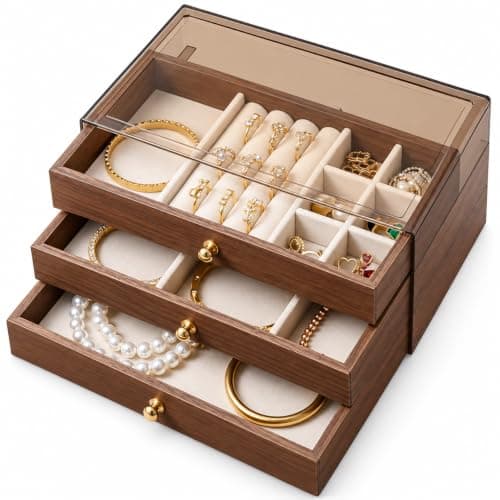 Wooden 3 Drawer Accessories Organizer with Velvet Lining - Jewelry Organizer Gold and Accessories with Different Compartments - Drawers with Metal Handles - Practical Storage Box for Collectibles KH