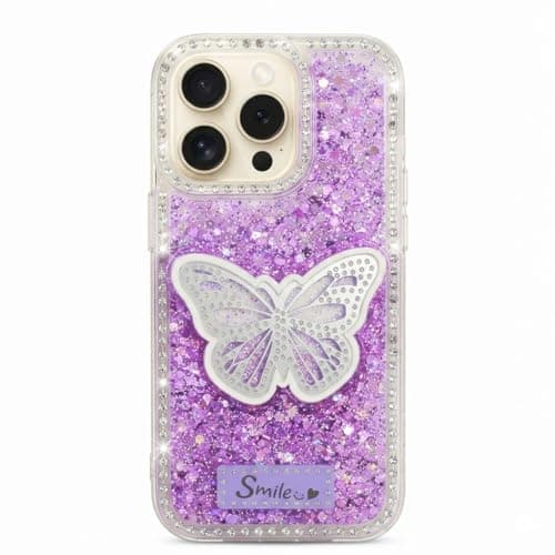 Butterfly Crystal For (iphone 16 Pro Max) Protective Case Glittery Back Cover Rhinestone Frame For Girls Shockproof Protection For Girls (Purple) Cellular phone case