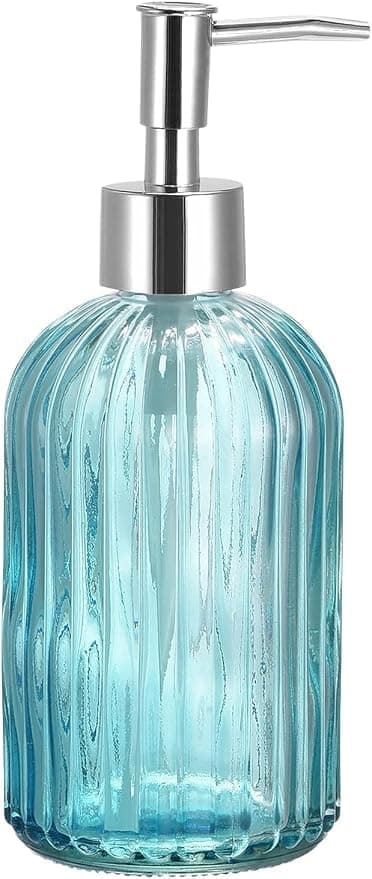 Soap Dispenser with Stainless Steel Pump, Blue Glass Corrugated Soap Dispenser, Suitable for Liquid Soap, Lotion, Shower Gel, Soap Dish, Refillable and Easy to Clean.