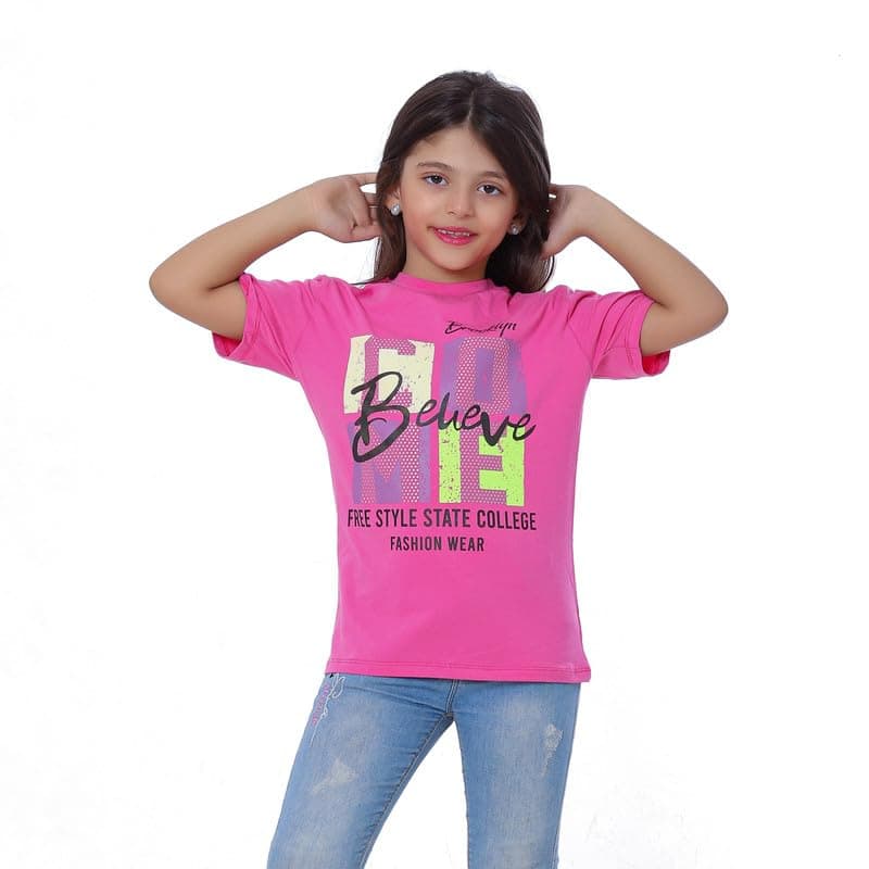 BEBO Girl's Printed Text Sleeve T-Shirt 6 Years Pink - 12516_Pink_6_24