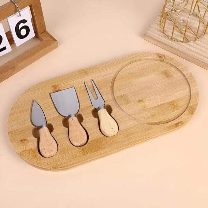 Elegant 35 cm Bamboo Oval Cheese and Butter Board Set with 3 Versatile Knives 4 Piece Entertaining Platter for Appetizers, Desserts, and Home Dining Tray