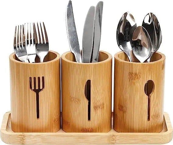Bamboo Cutlery Holder Organiser with Tray, 3 Compartments for Forks Knives Spoons, Waterproof Wooden Generic Utensil Drainer, .mk Caddy