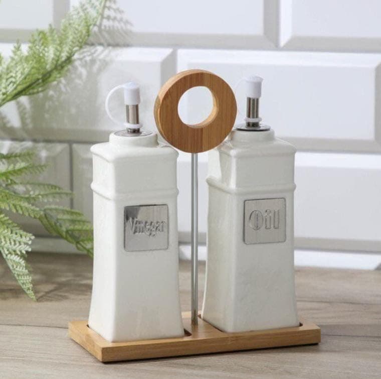 Generic Square Oil and Vinegar Dispenser Set with Wooden Stand, .sew
