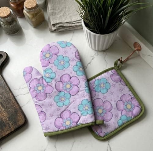 Generic Floral Oven Mitt and Pot Holder Set, Purple and Teal Flower Pattern, Padded Kitchen Glove, 2 Piece, .db