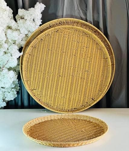 Handmade Wicker Round Serving Tray - 50cm Decorative Multi-Use Ottoman Platter for Breakfast, Dinner, and Table Organization