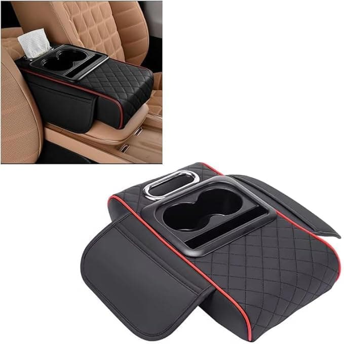 SACAR Multifunctional Car Center Console Cover with Comfortable Cushion, Cup Holder and Side Pockets Armrest Support (With Tissue Box, Black)