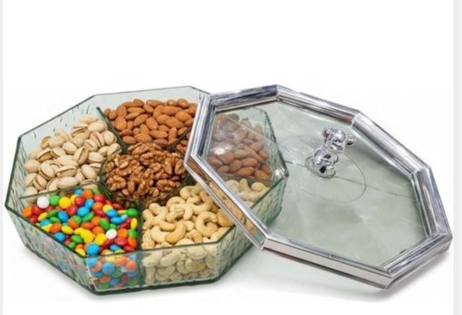 Generic Snacks with Silver Lid, 5-Compartment Divided Serving Tray, Clear Acrylic, for Nuts and Sweets, .flo Food storage container