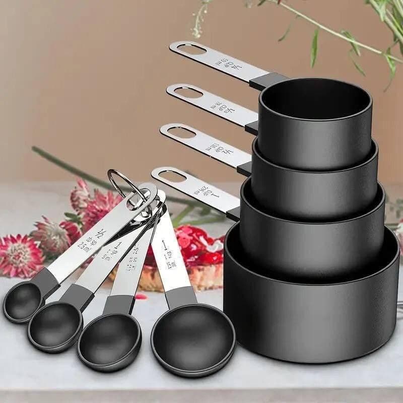 Generic Measuring Cups and Spoons Set, Black, Stainless Steel Handles, 8 Piece with Keychain Ring .kl
